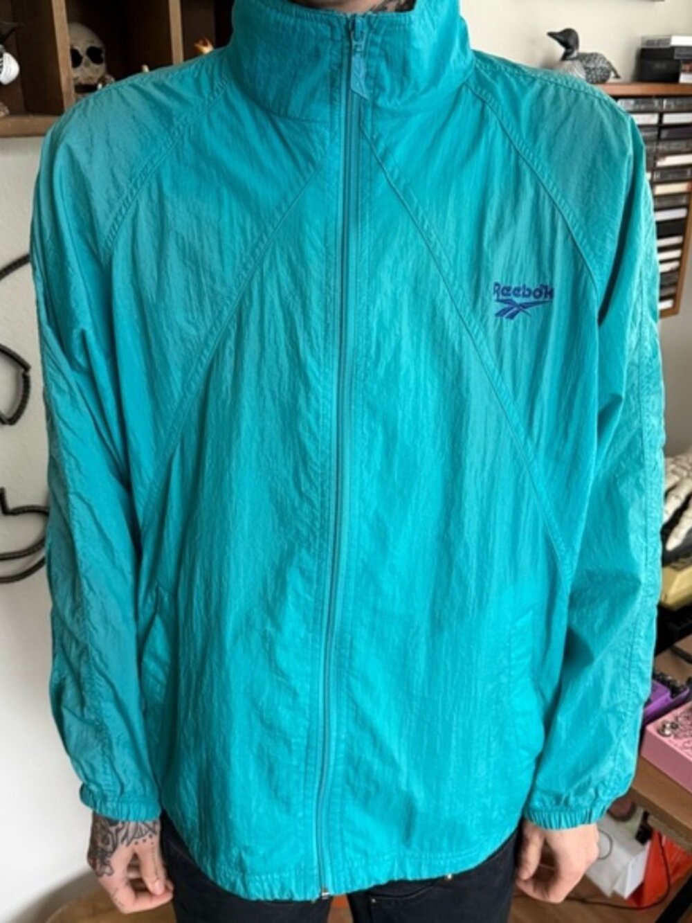 Vintage 90s Reebok Teal Zip Up Windbreaker Jacket ~ Size Medium